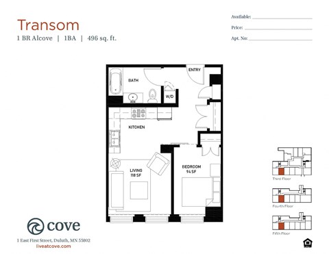 Floor plan for 1 bed, 1 bath, 496 sqft